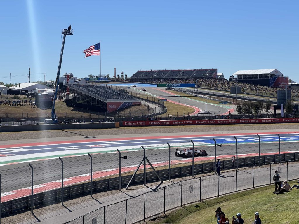 A view from a bridge over the track at COTA, looking towards Turn 1