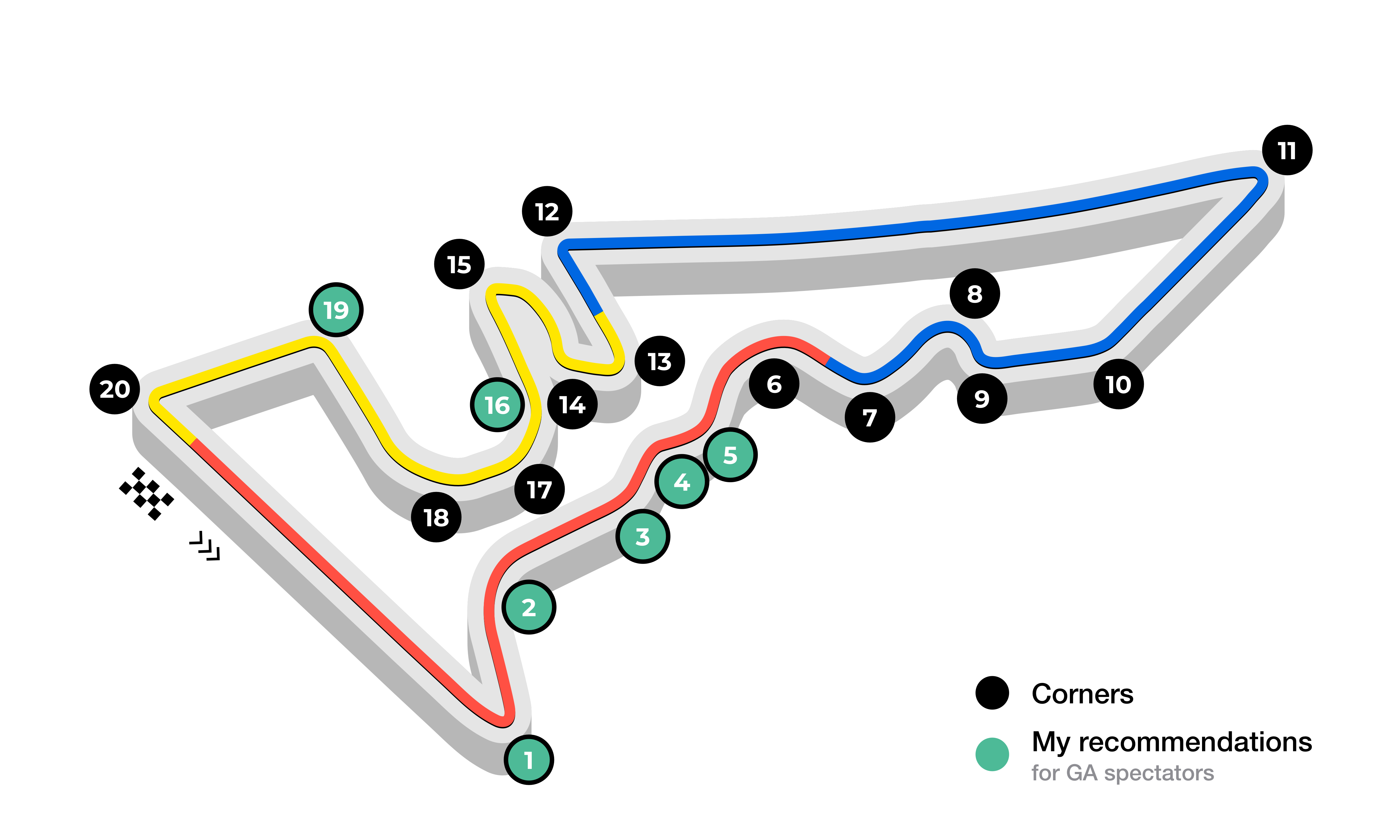 A map of COTA, highlighting Turns 1, 2, 3, 4, 5, 16 and 19 as ideal GA spectator spots