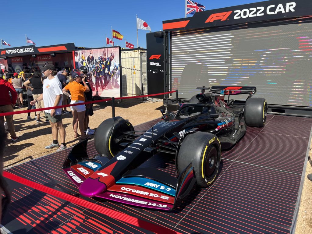 An F1 show car for 2022 upon a platform for display purposes