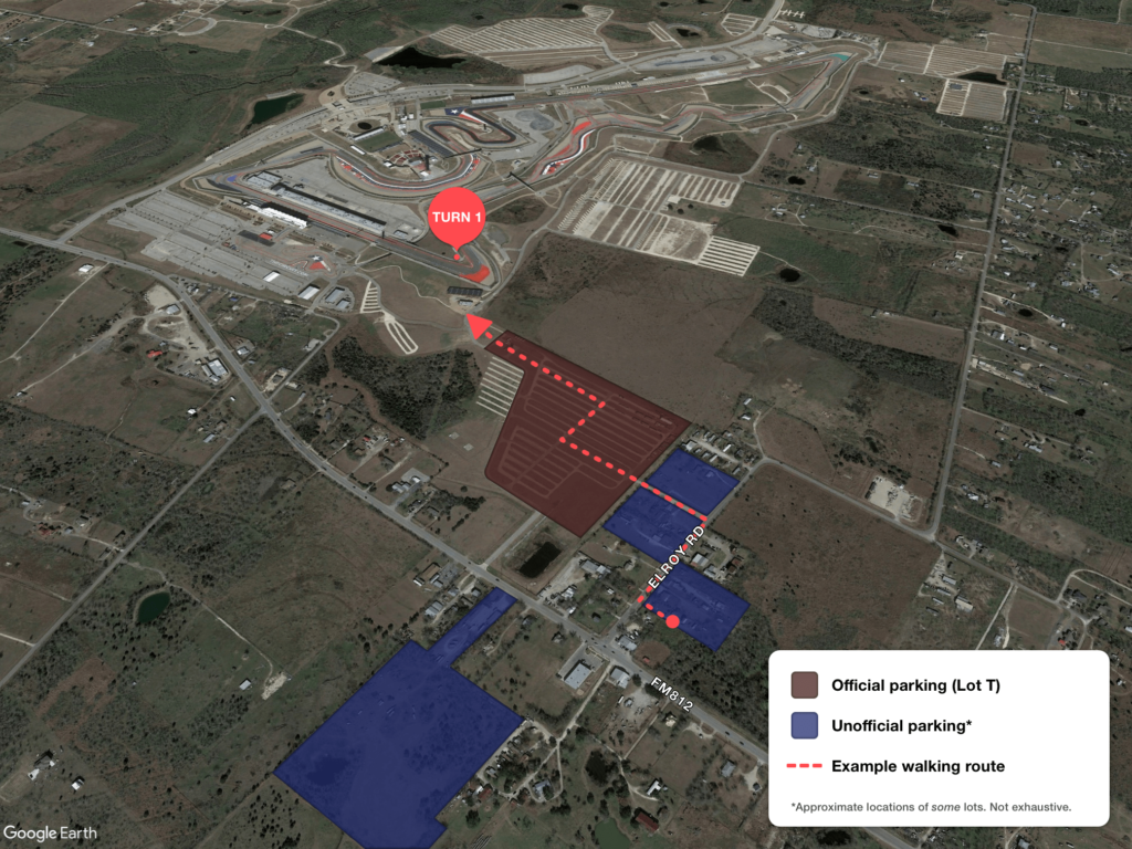 A birds-eye view over the circuit and surrounding land, which overlays to highlight the official and unofficial parking lots, and walking routes to the track