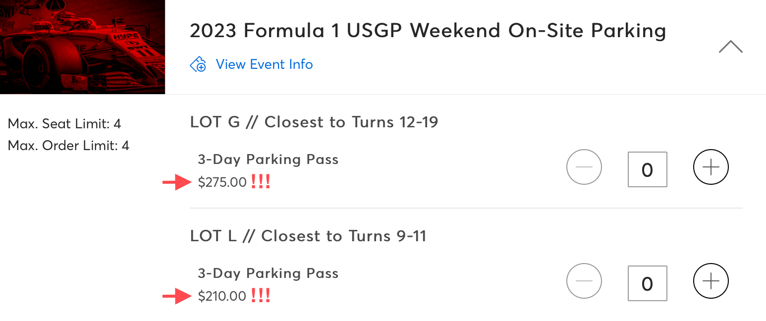 A screenshot of the ticket purchase page on the COTA website, highlighting the high prices ($210 for Lot L and $275 for Lot G)