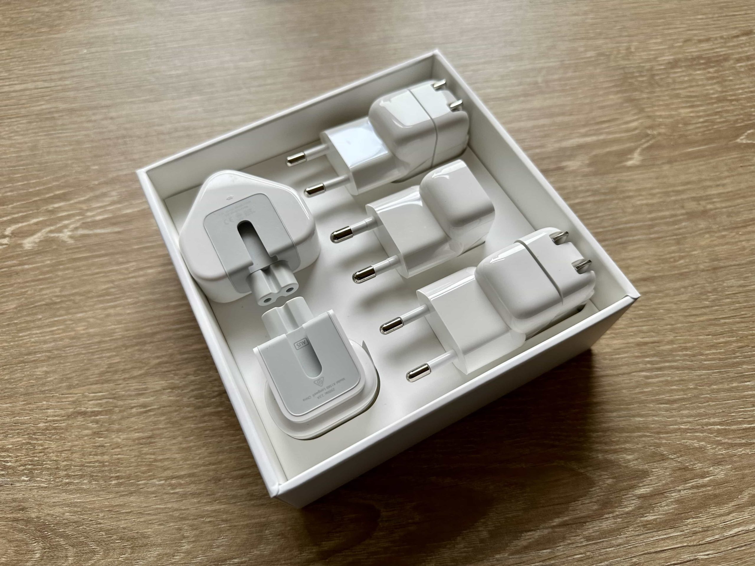 A box of power adapters for different regions and countries