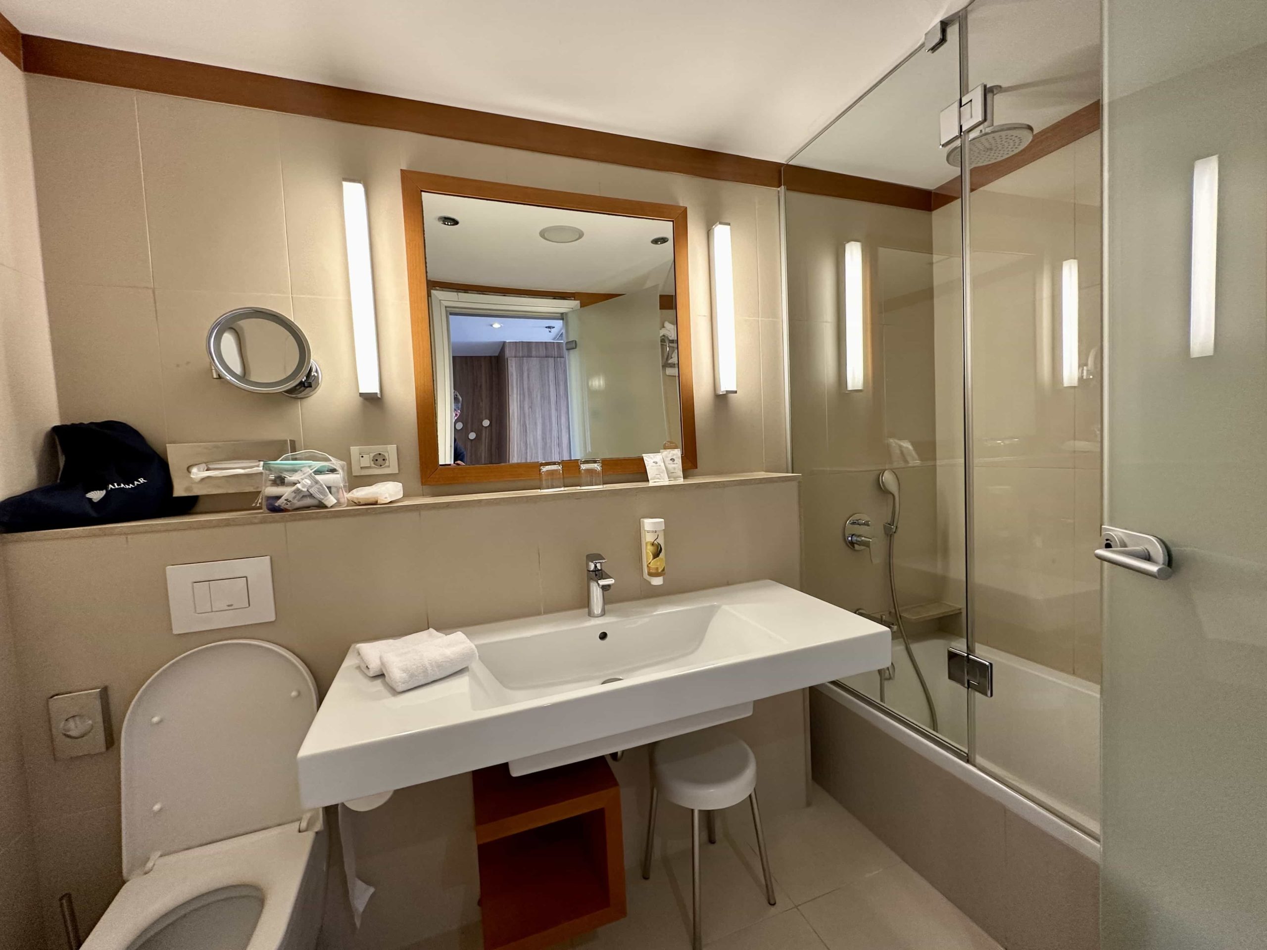 A bathroom with a toilet, sink, and bath/shower