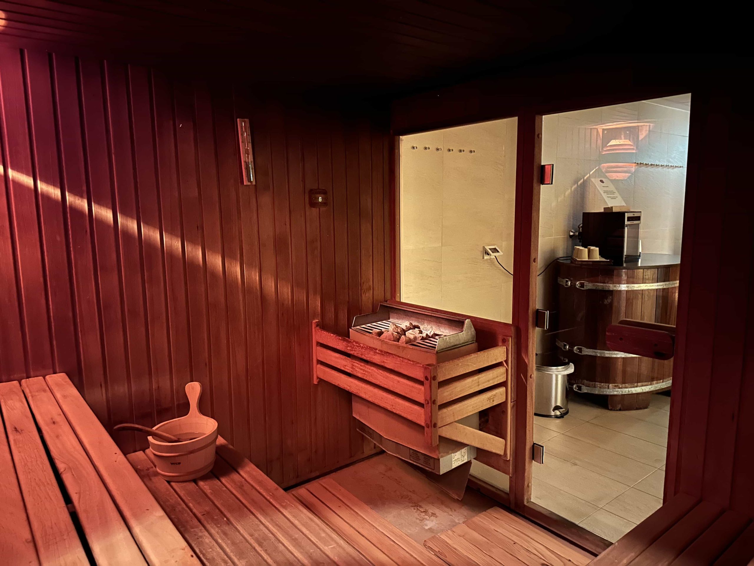 The inside of a small Finnish sauna