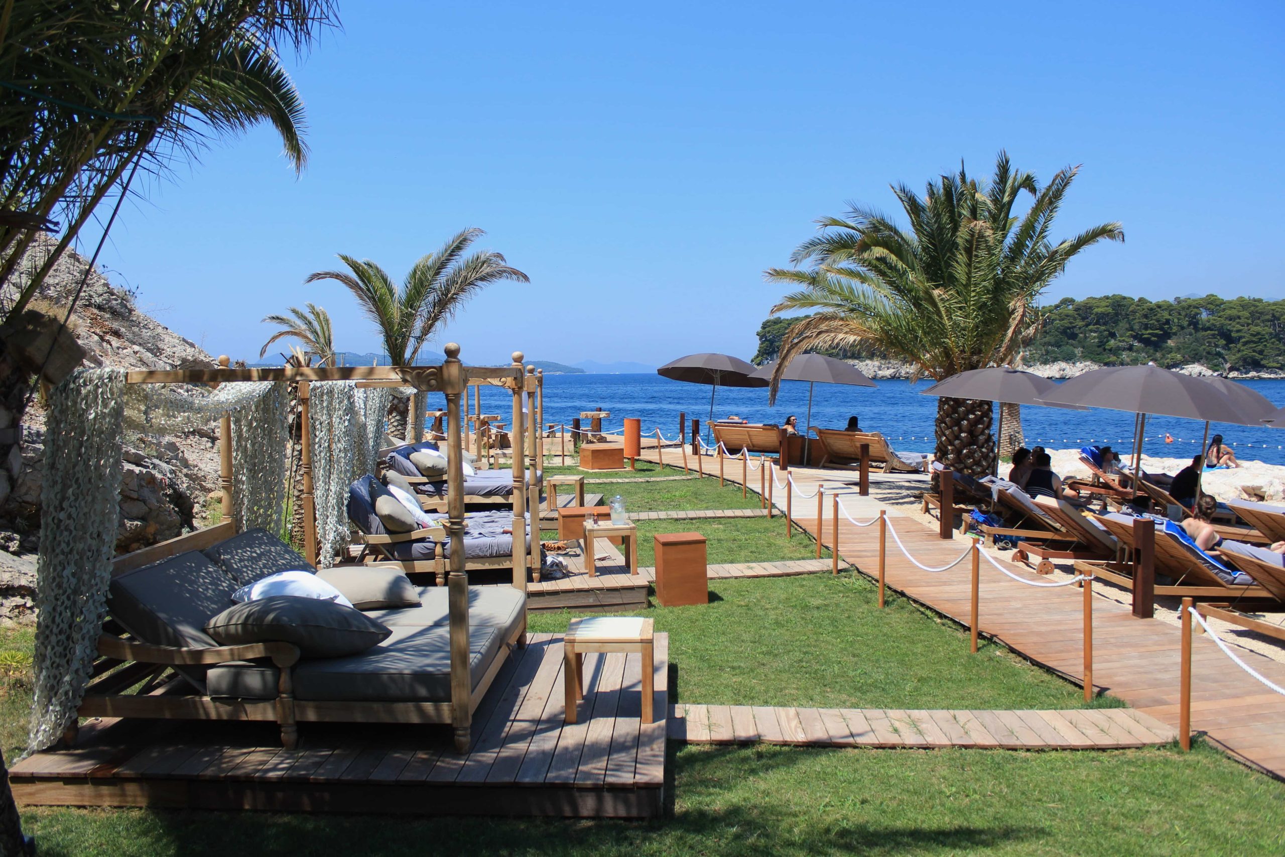 Sun loungers and cabanas at Coral Beach Club in Dubrovnik