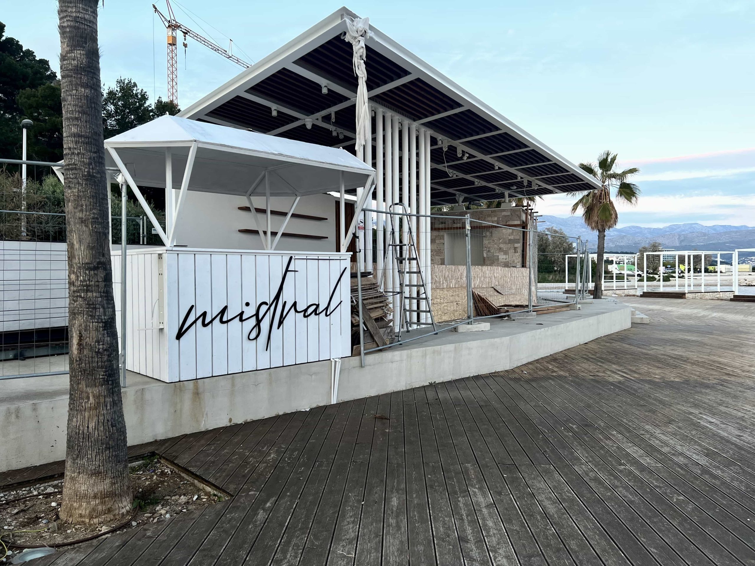 The Mistral Beach Club bar, fenced off and out of use during off-season