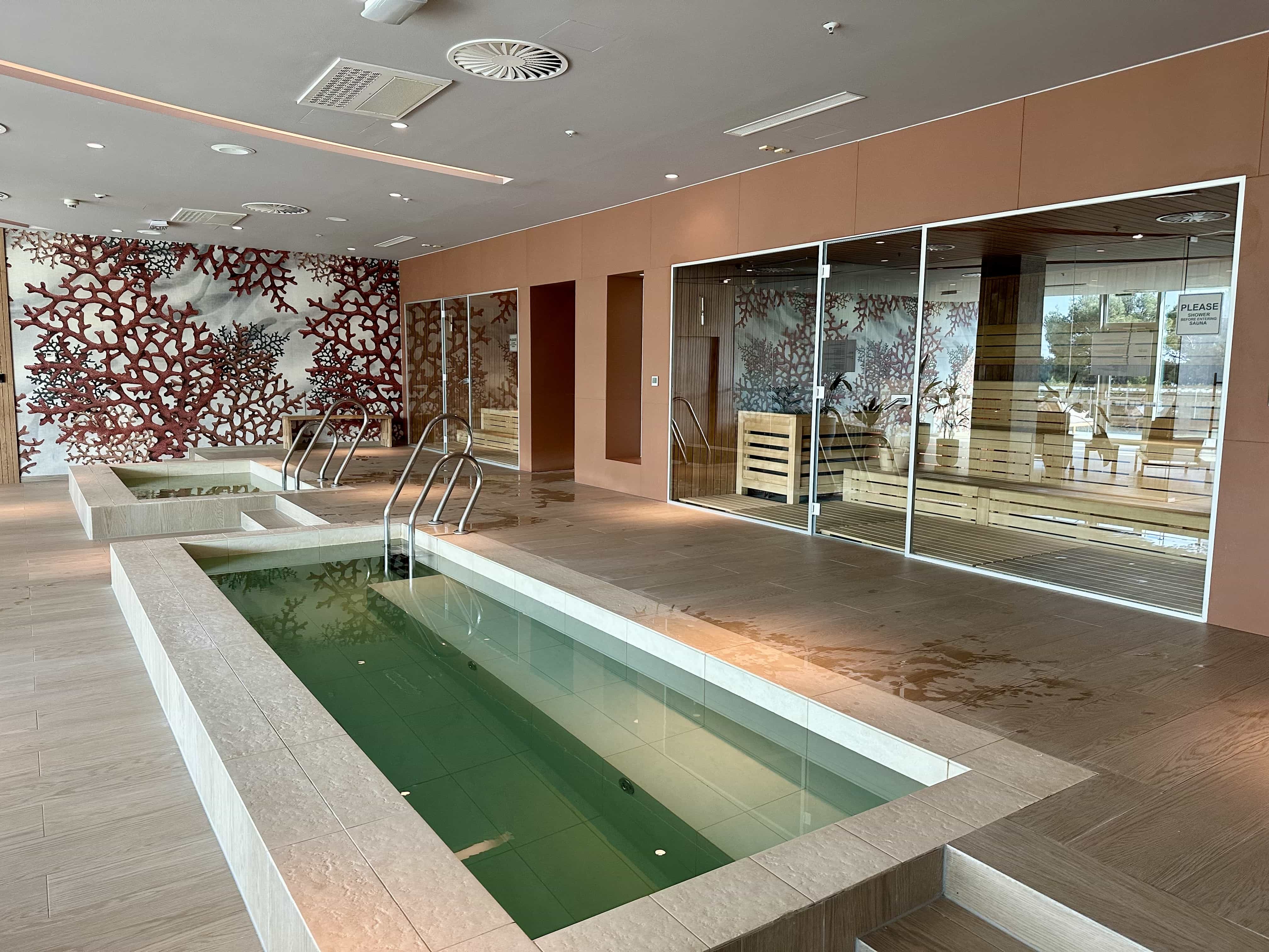 Two plunge pools in front of two saunas, and the opening to a shower room