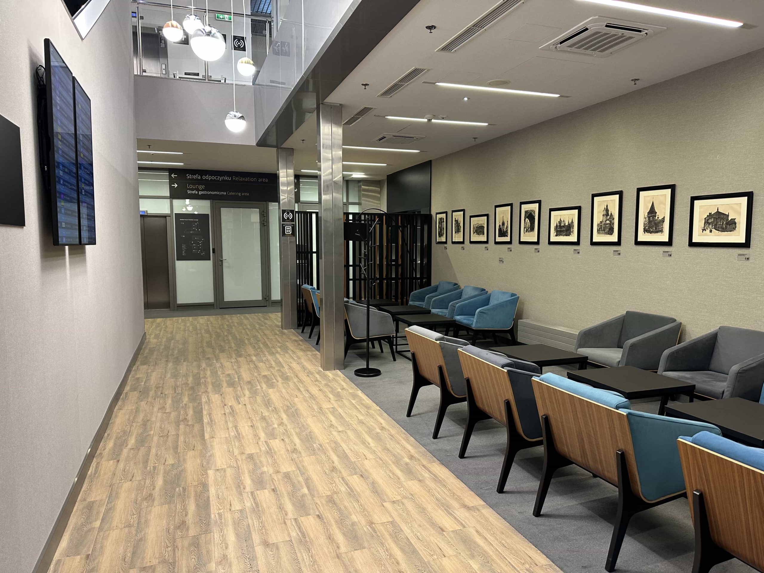 A rectangular-shaped lounge area with casual seating and coffee tables