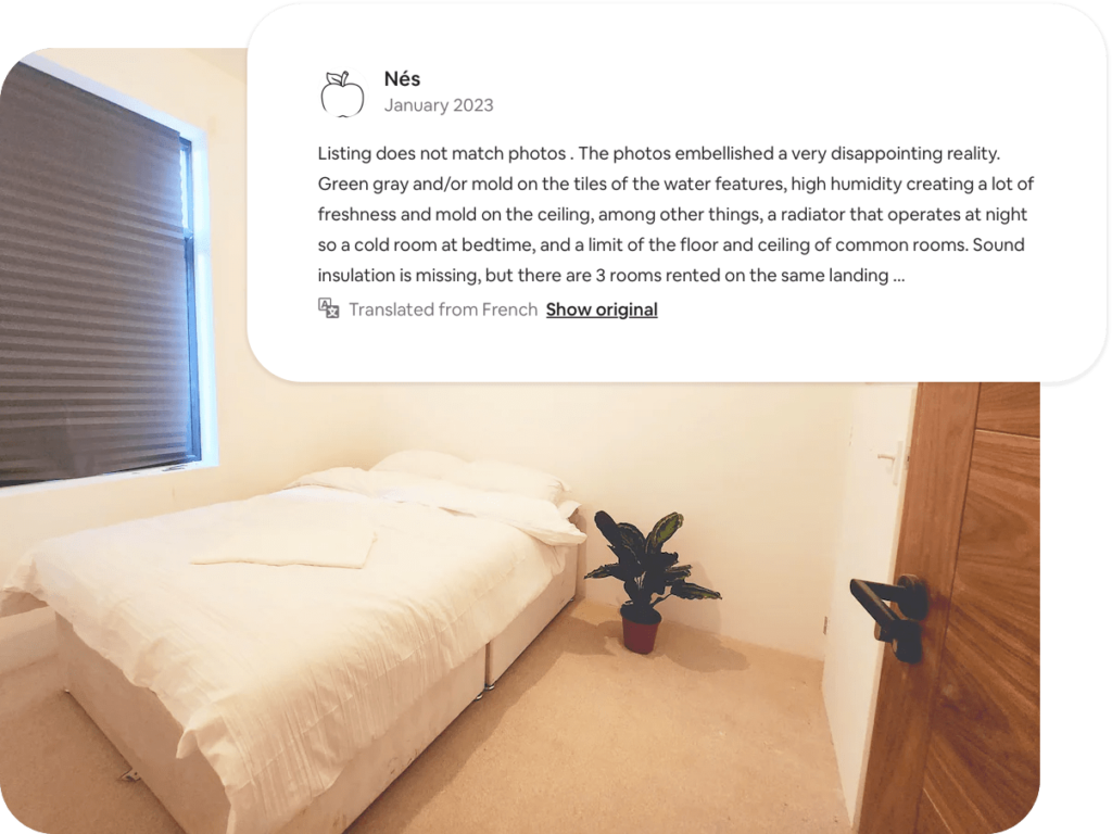 A private room in an Airbnb and a negative review from a guest who has stayed there who says that the reality doesn't match the photos