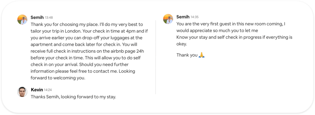 Messages between a host and a guest, where the host is encouraging the guest to reach out if they have any requirements