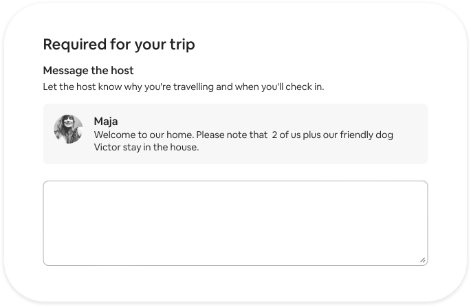 A section on the booking page for an Airbnb listing where the host has written a welcome message and requested some details about the guest