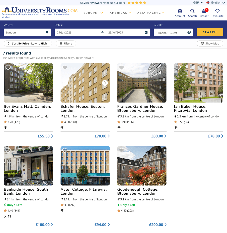 A screenshot of a universtyrooms.com web page showing properties in London