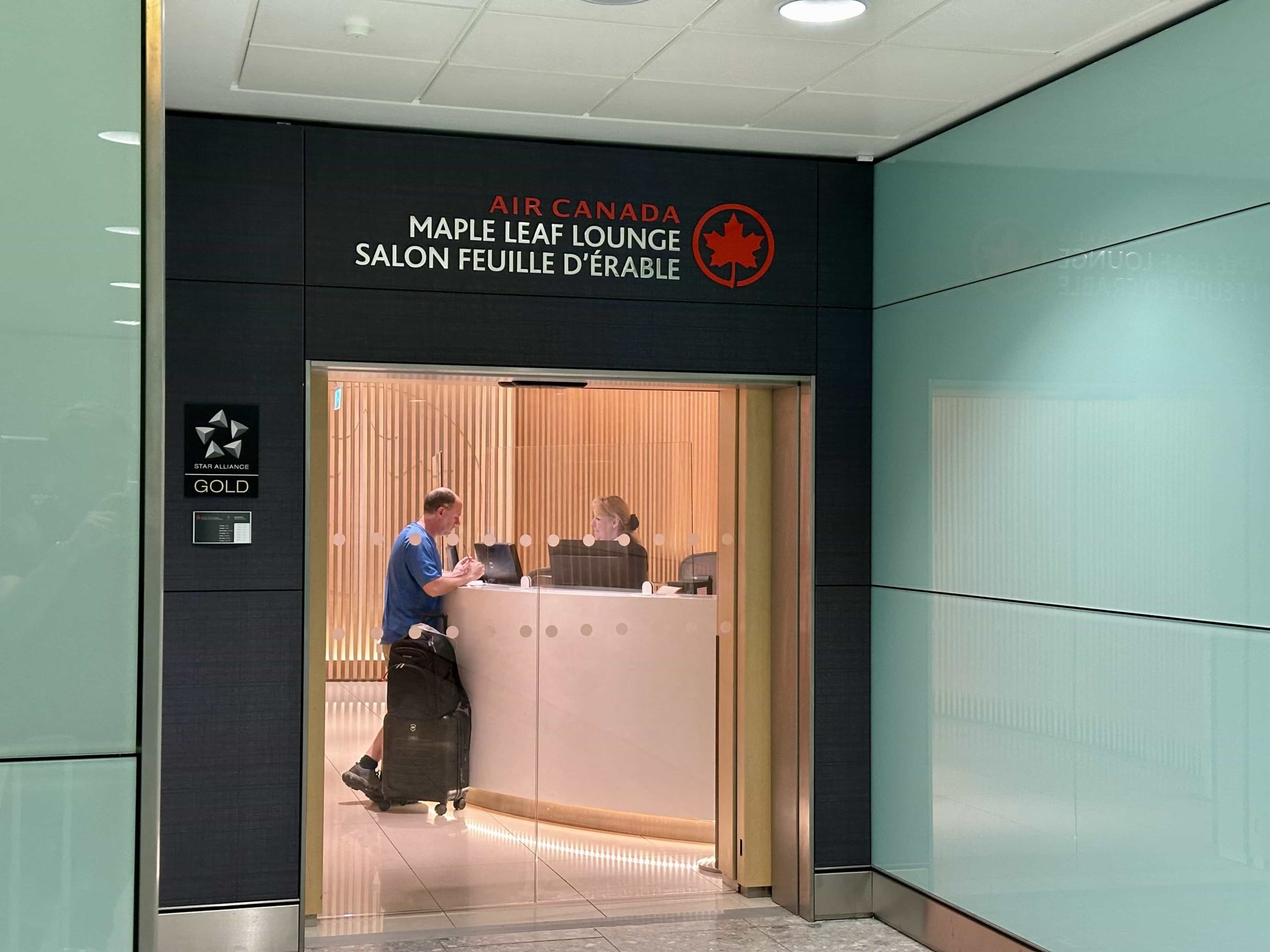 The entrance to Air Canada's Maple Leaf Lounge at Heathrow Terminal 2B