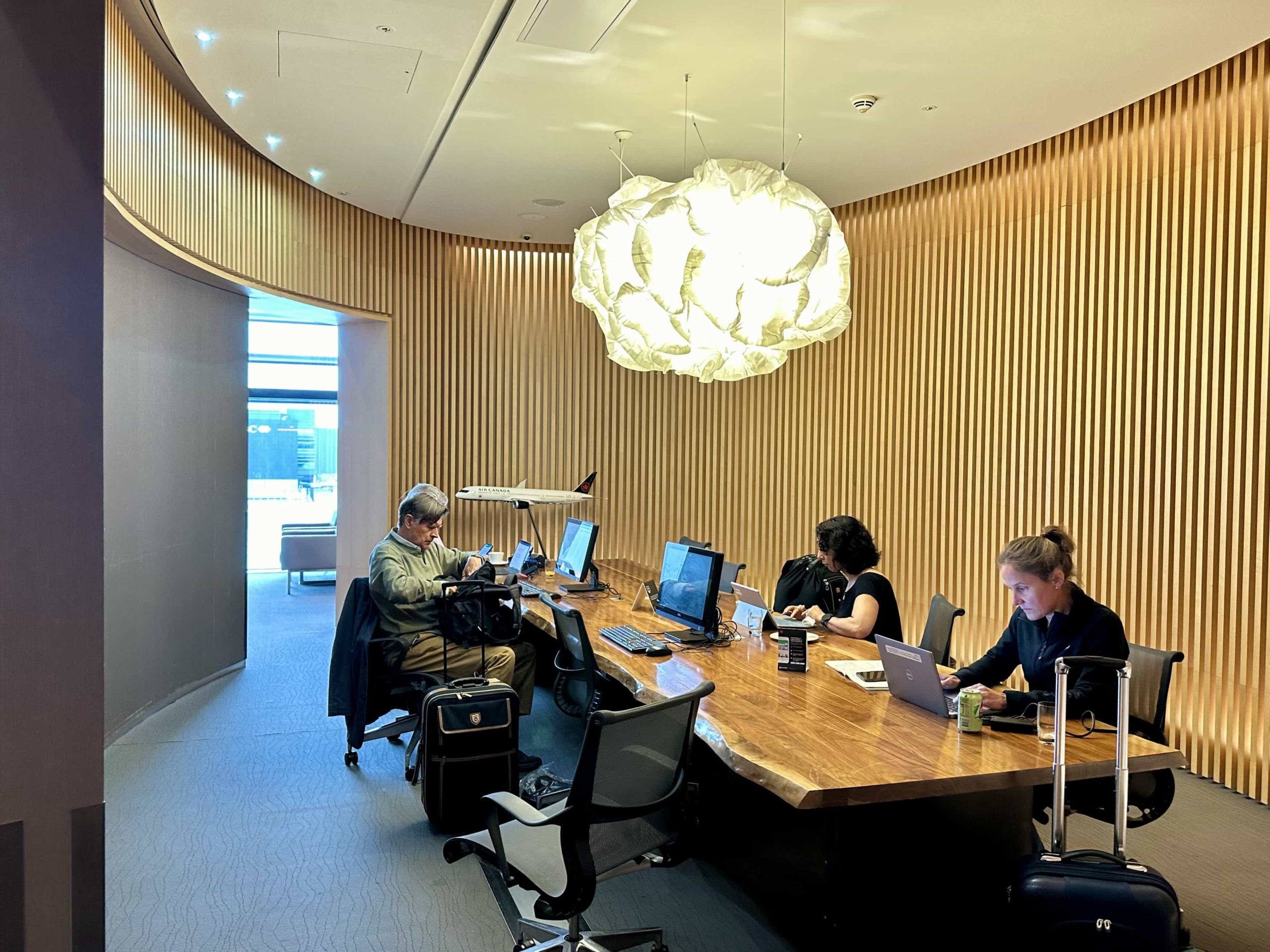 An oval-shaped business area, with a conference room-style table