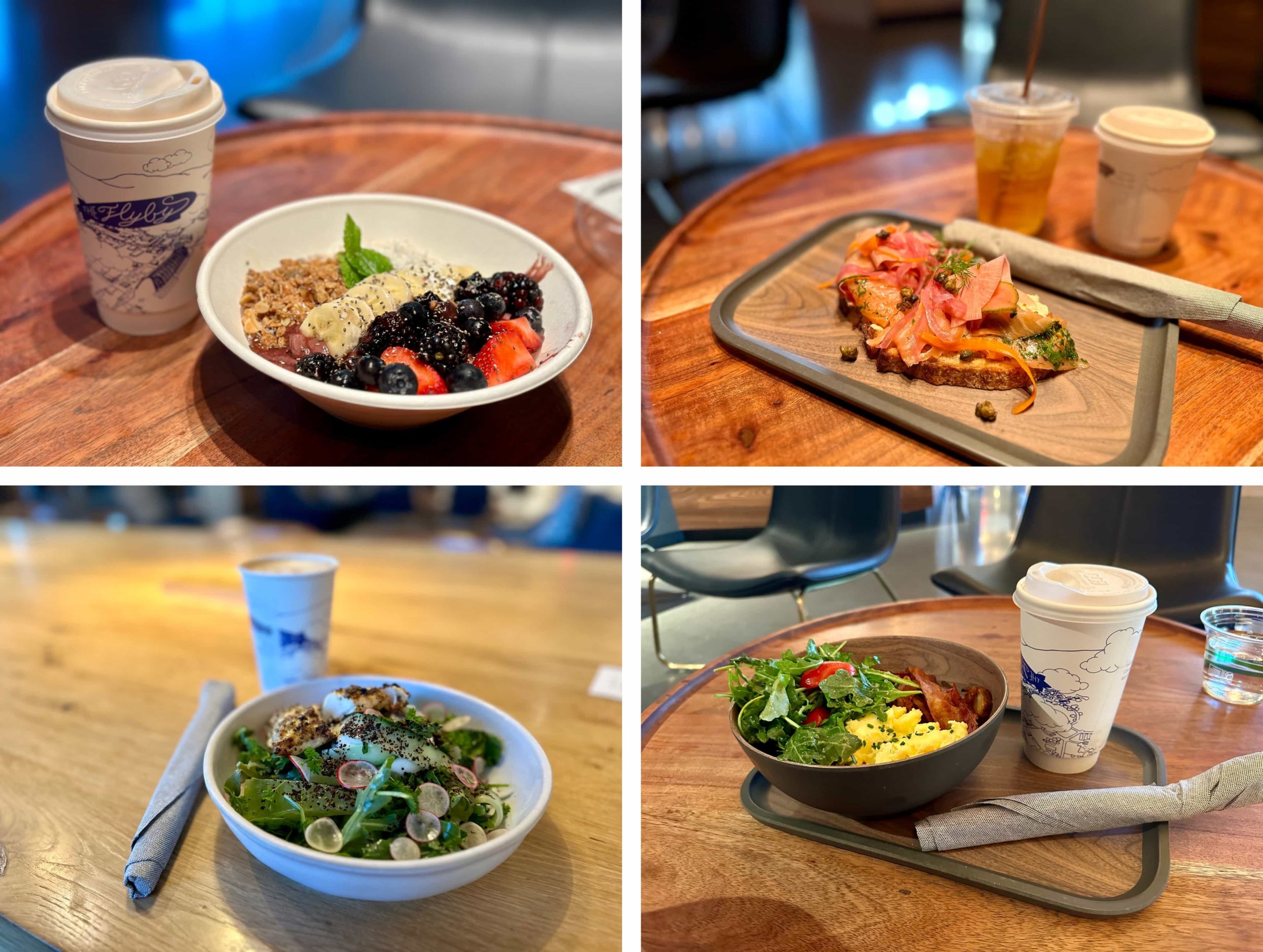 Four dishes of food: an açai bowl, salmon tartine, chicken and watermelon salad, and an all-American breakfast