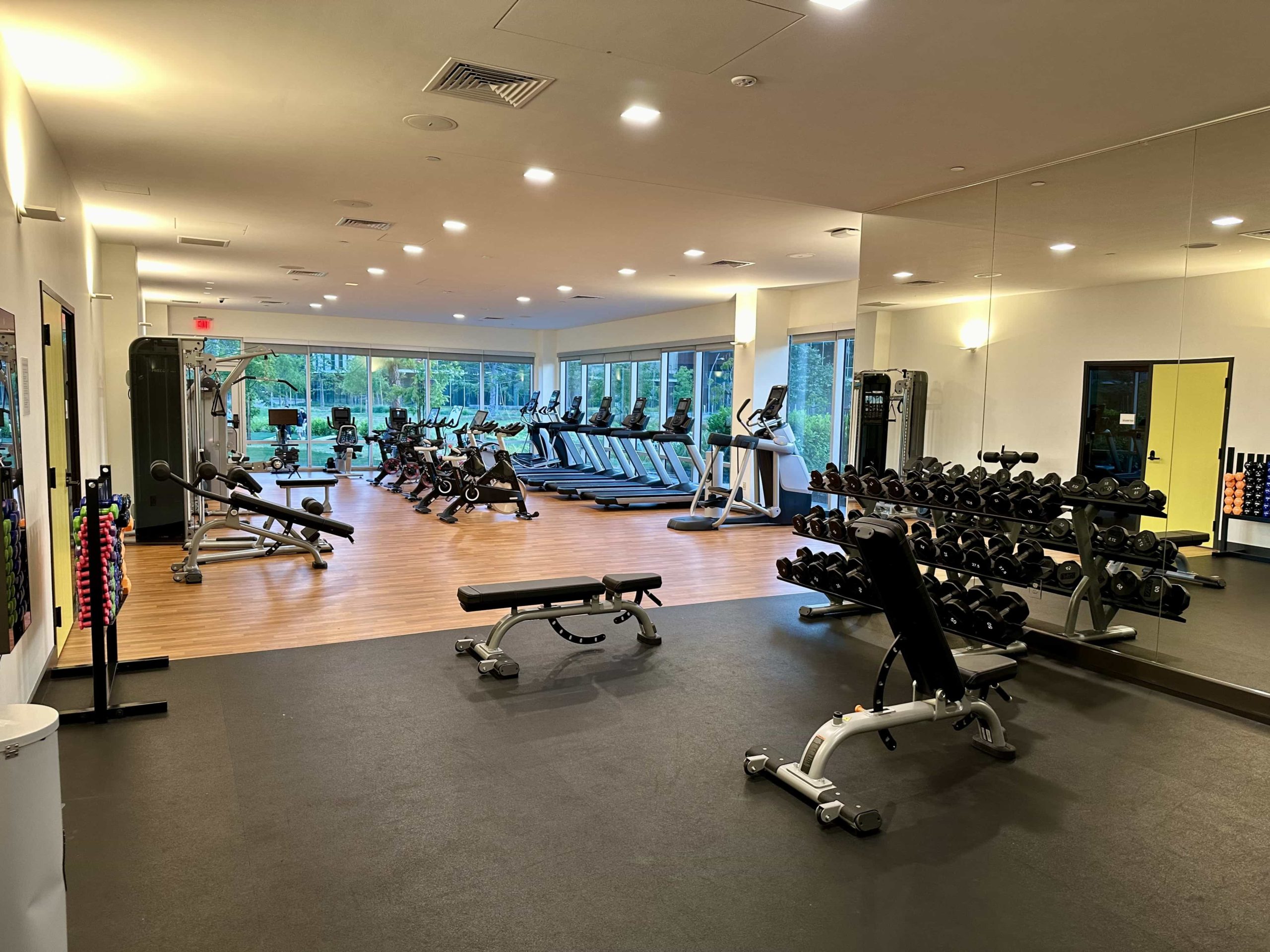 Dumbells, benches, and exercise mats within a fitness centre