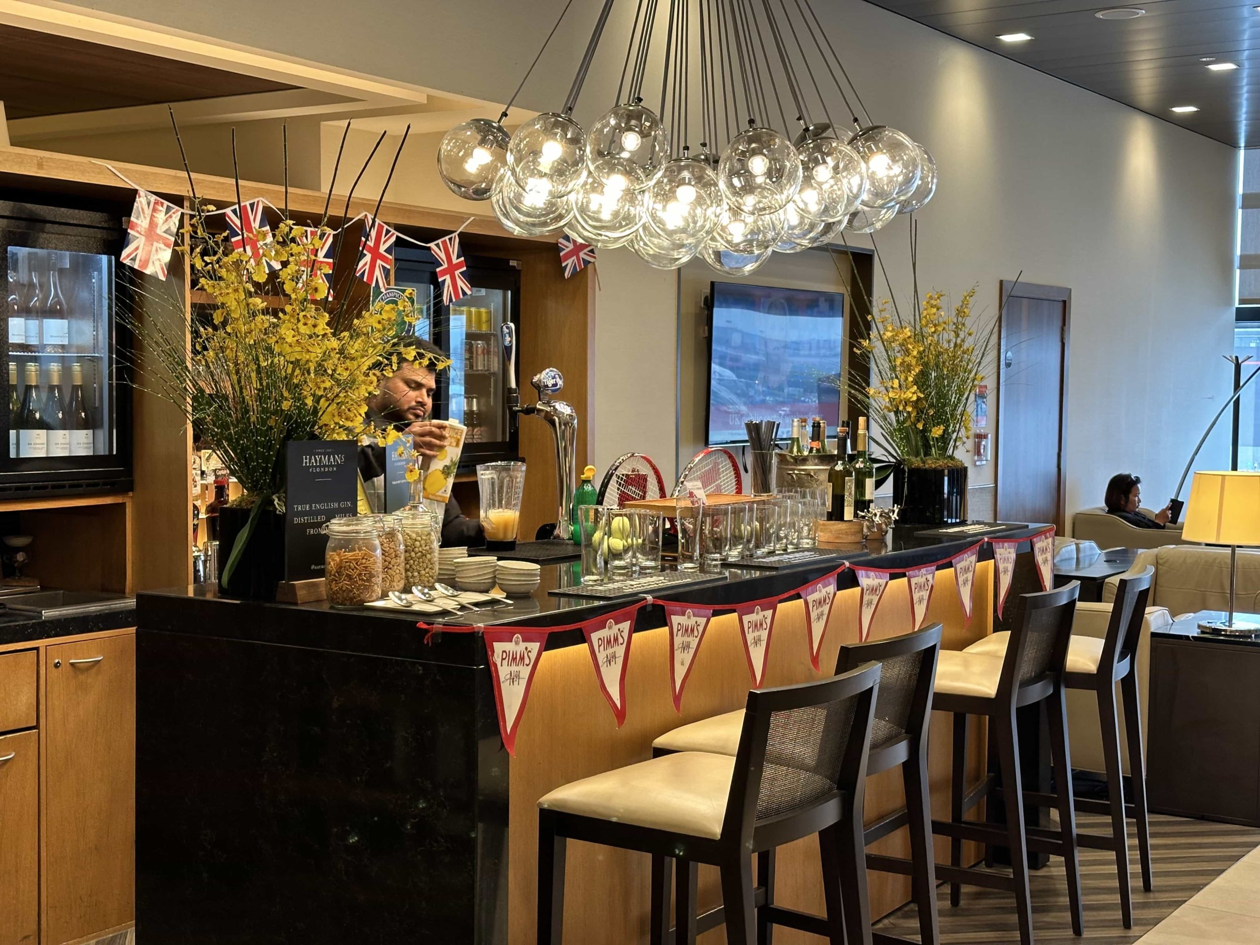 A small bar setup, decorated with Union Jacks to celebrate Wimbledon