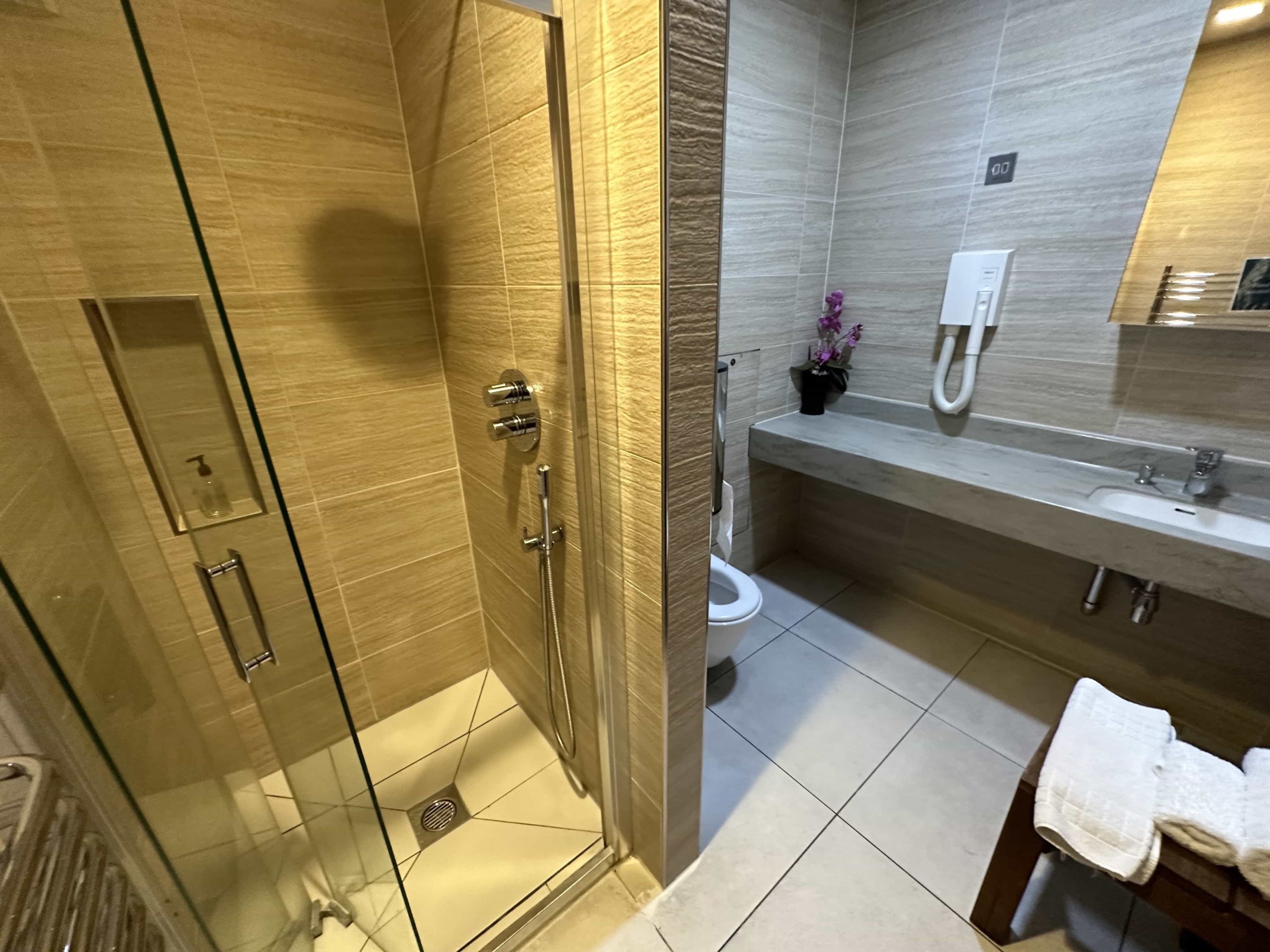 A small shower room, also with a toilet, sink, and amenities