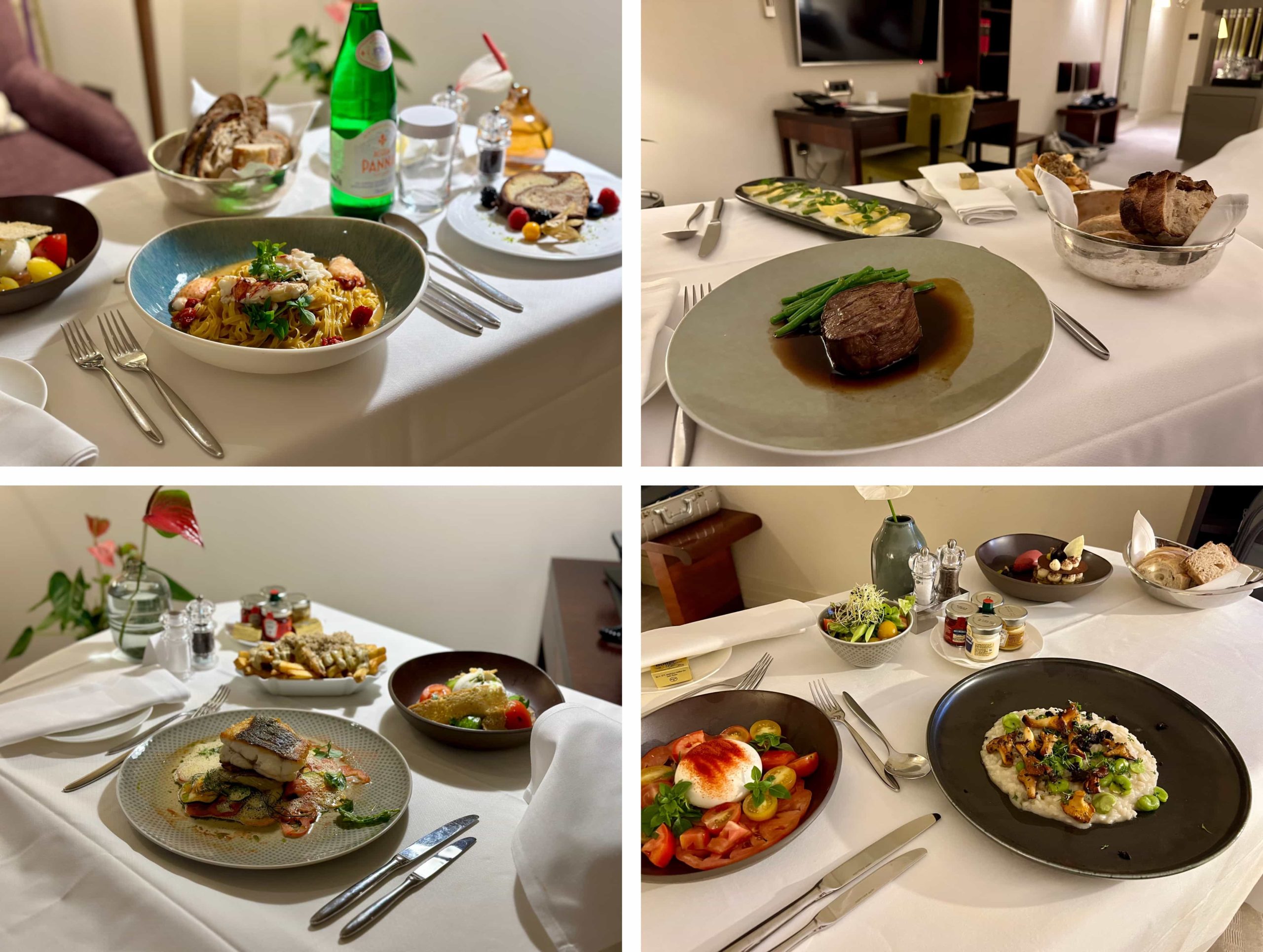 Four examples of room service offerings, including steak, risotto, tagliatelle, and salmon